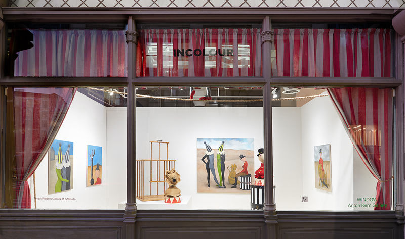 Installation view of the 2022 exhibition “Ryan Wilde's Circus of Solitude” at WINDOW with exterior view of floors, walls, artworks and ceiling.