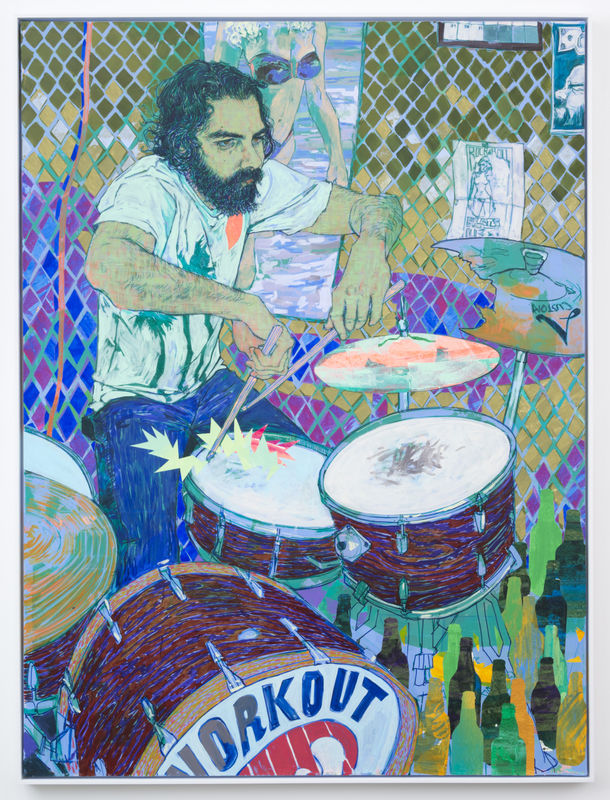 Colorful painting of man enthusiastically playing the drums 