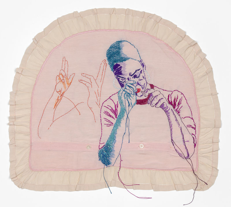 Zoë Buckman, why don’t you just tell me how you want to be, baby & i’ll live like water around you, 2022, embroidery on vintage textile, 55 x 55 cm. Collection National Portrait Gallery, London. Funds donated by Heather and Theodore Karatz.