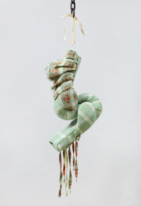 Zoë Buckman, '& I can fall into your creases', 2020, vintage textiles, leather and chain, 66 x 22.9 x 20.3 cm, 26 x 9 x 8 in