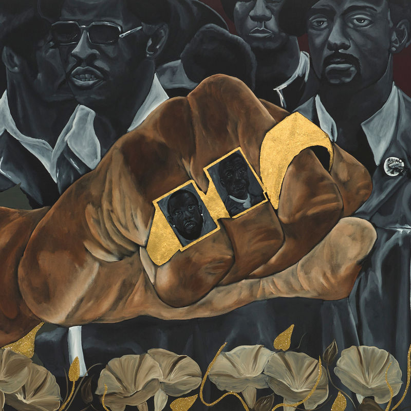 Jammie Holmes A Few Great Men [detail], 2024 Acrylic, gold leaf, gold glitter and oil pastels on canvas 72 x 160 inches, 182.9 x 406.4 cm JHO.21529)