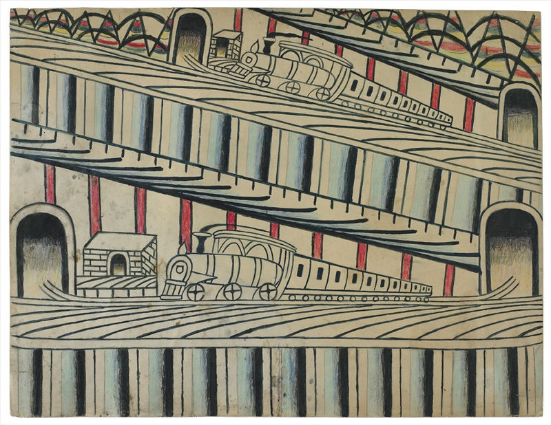Martín Ramírez, Untitled (Trains on Inclined Tracks)