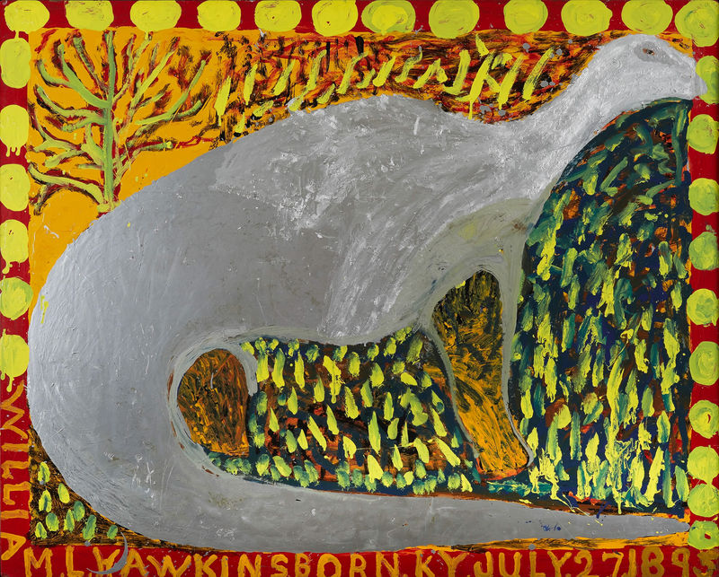 William Hawkins (1895-1990). "Diplodocus," 1987. Enamel and collage on Masonite. 48 x 60 in. (121.9 x 152.4 cm.)