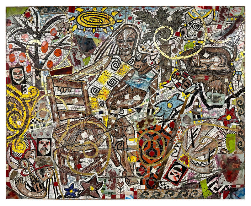 Cameron Welch (American, b. 1990) The Genesis, 2024 Marble, Glass, Ceramic, Stone, Spray Enamel, Oil, and Acrylic on Panel, in Two Panels Overall, framed: 97 7/8" x 121" (248.5 x 307.5 cm) (CamW.24788)