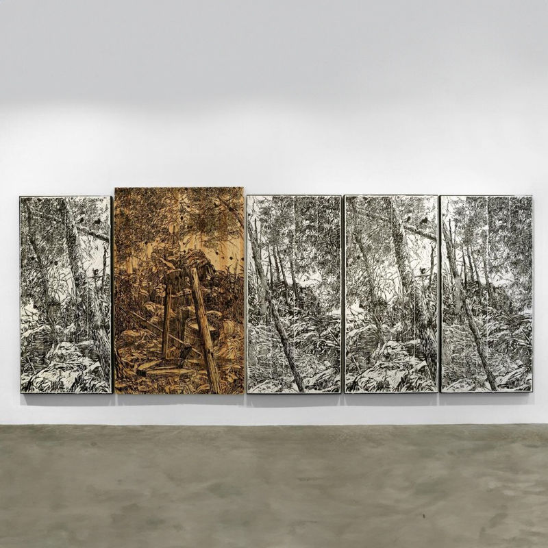 Orit Hofshi (Israeli, b. 1959) Divergence, 2012 Hand printed woodcut on hand made paper, carved pine wood panels 75 1/2" x 186"