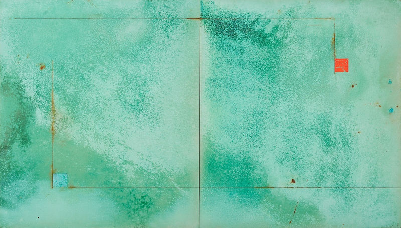 Díptico Macio, 2019. Acrílica, oxidação de emulsões cúprica e ferrosa sobre tela 170 x 300 cm