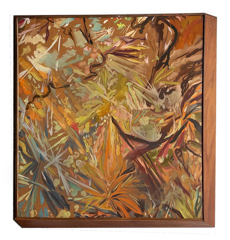 Rodrigo Bueno Sem título, 2022 Acrilica sobre madeira embuia recuperada. Com moldura assimétrica de madeiras de extração, cerejeira e cedrinho, fragmentos de mobiliário e decoração. 120 x 130 x 15 cm | 47,2 x 51,2 x 5,9 in