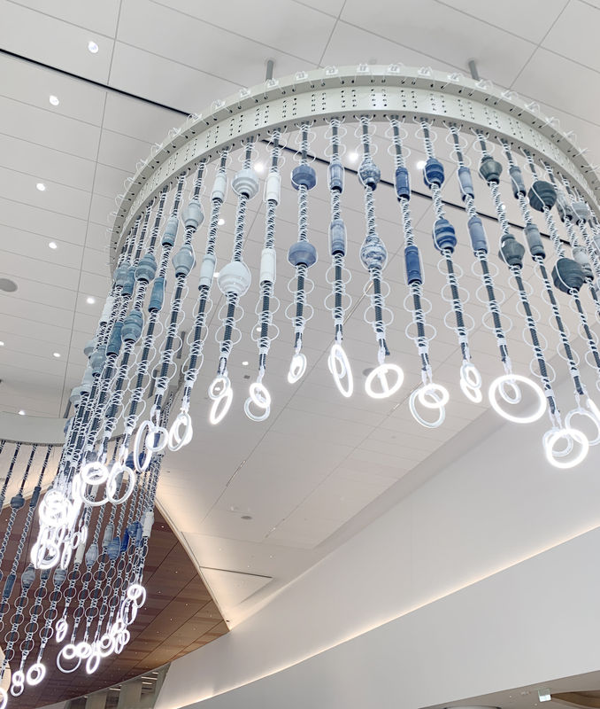 The Color of Horizons, 2020 Wood, steel, rope, extension cords, glazed ceramics, LED lights