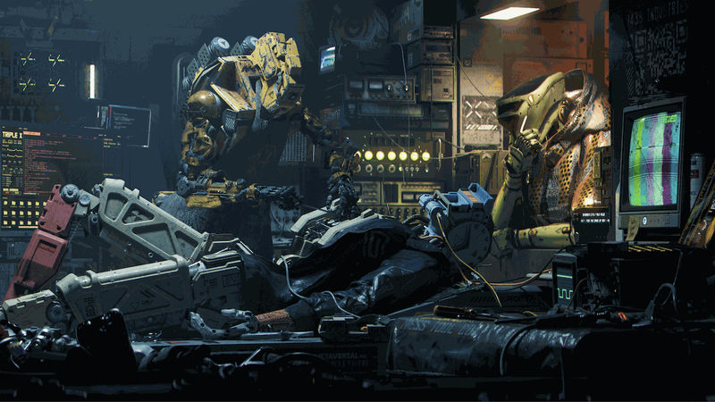 Gernge digital art NFT of two cyberpunk robots repairing a third