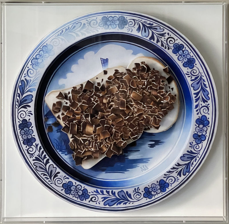 Suzanne Beek Plated Memories - Holland 3D collage of scanned oil painting printed on Hahnemühle fine art paper on foam, framed uv-protected perspex box 54 x 54 cm, framed