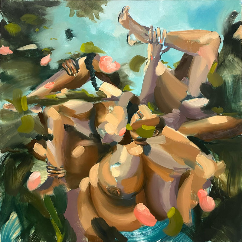 Painting using gestural brushstrokes to depict Black women. Amongst a vaguely readable landscape of blues, pinks, and greens, a number of arms extend to grab disembodied legs.