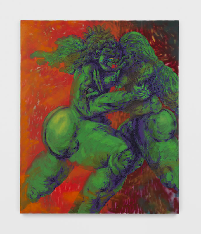 Ana Benaroya, Every Time I Hear Your Favorite Song, 2019, Acrylic, spray paint and oil on canvas, 86 x 71 inches (218.4 x 180.3 cm)