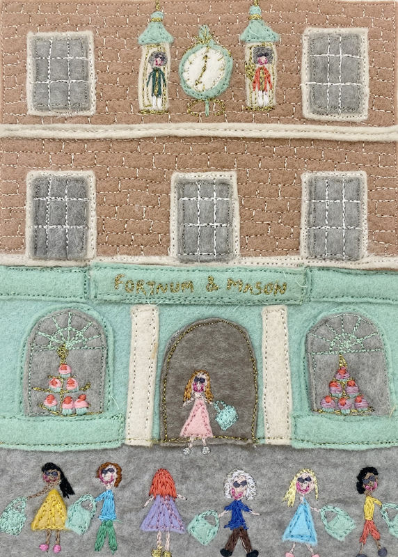Fortnum & Mason, embroidered collage, 7 3/4 x 5 3/4 in / 19.5 x 14.5 cm