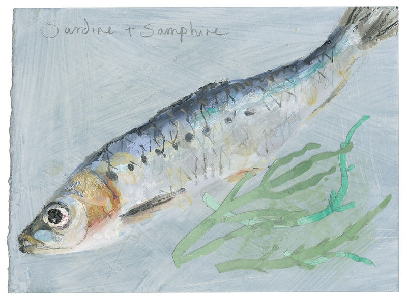 Sardine & Samphire, oil & collage on handmade paper, 5 x 7 in / 13 x 18 cm