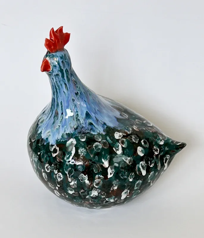 Large Spotted Chicken with Blue, earthenware, 12 x 10 x 8 1/2 in / 30.5 x 25.5 x 21.5 cm