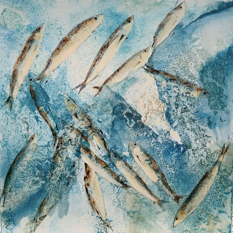 Mackerel Rising, acrylic on canvas, 35 1/2 x 35 1/2 in / 90 x 90 cm