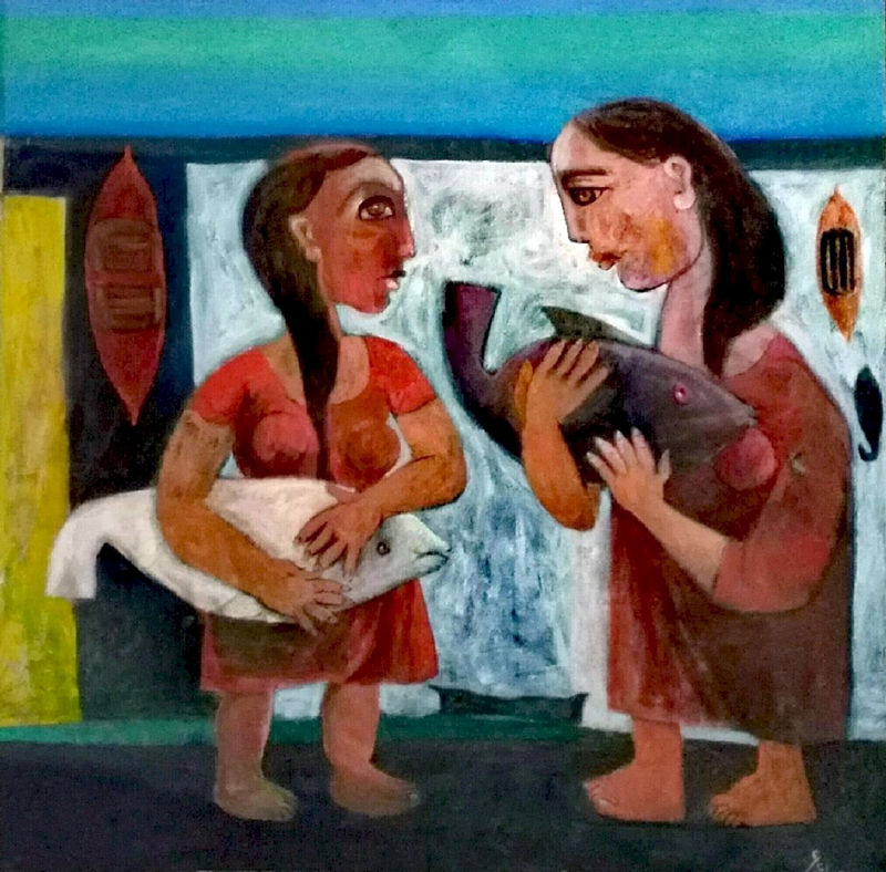 Omar Abdel Zaher, Sisters with Fish, 2017, oil on canvas 120 x 120cm, signed & dated.