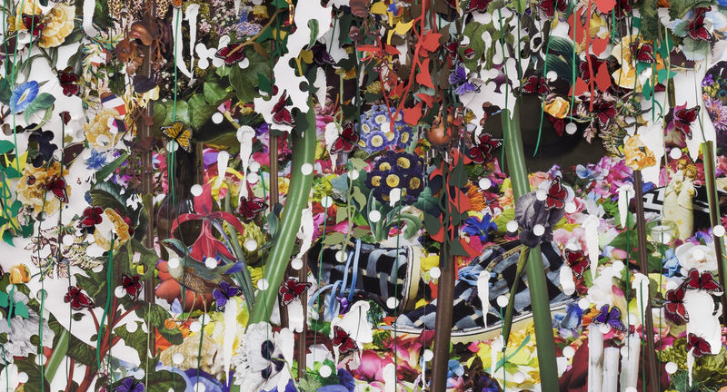 …a nest above, checkered shoes, beyond a green felt hat, candles no longer lit in garden in bloom, 2019 (detail)