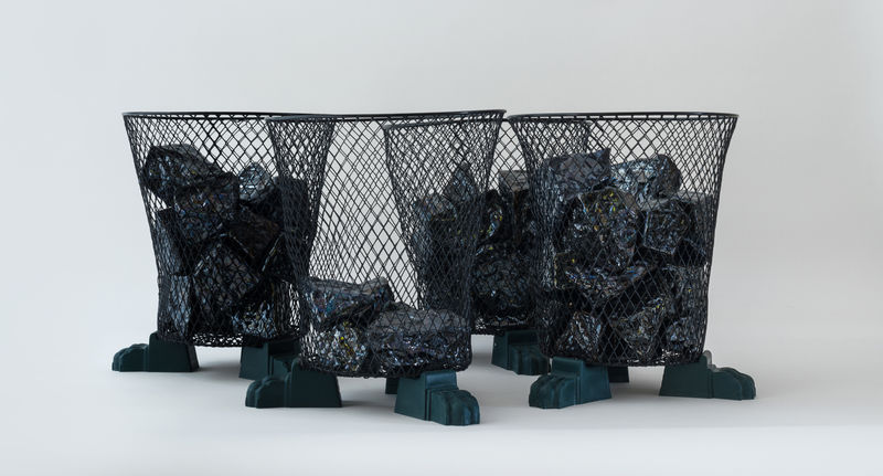 Richard Slee, Waste Baskets, 2017, Lustre glazed ceramic with mesh basket and plastic lions claw feet in four (4) parts, Each: 30 x 28 cm, 11 3/4 x 11 1/8 in