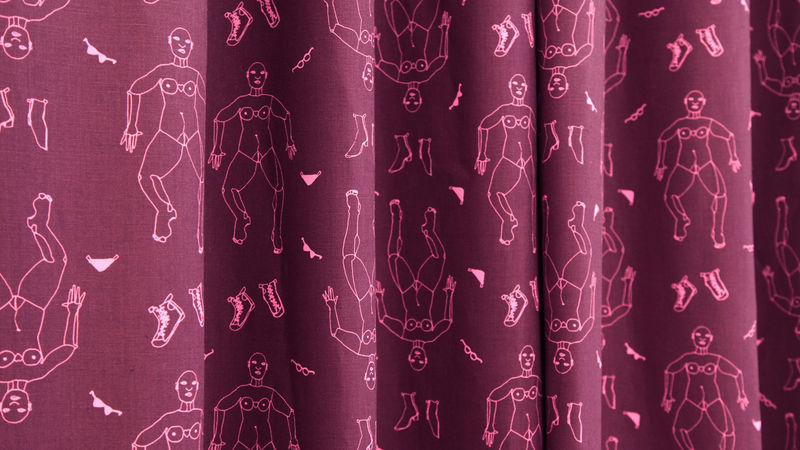 Detail of Andrea Geyer, Collective Weave / Lavender Woman / July 1976, v5 no1 (Amy Sillman), 2017, Silkscreen print on linen, Fabric: 365.76 x 152.4 cm, 144 x 60 in, Edition of 5 plus 1 AP