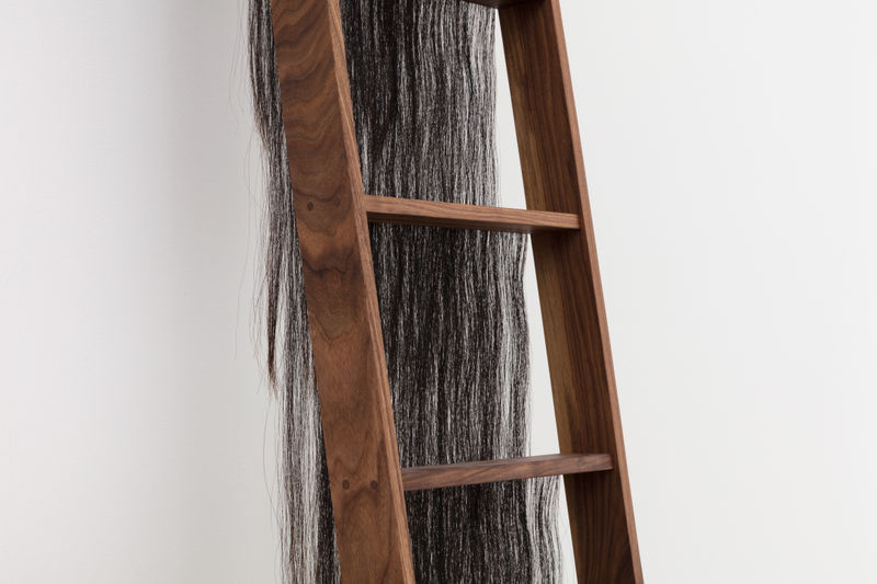 Detail of Andrea Geyer, If i told her #3, 2018, Walnut with horsehair, 315 x 44.5 cm, 124 1/8 x 17 1/2 in