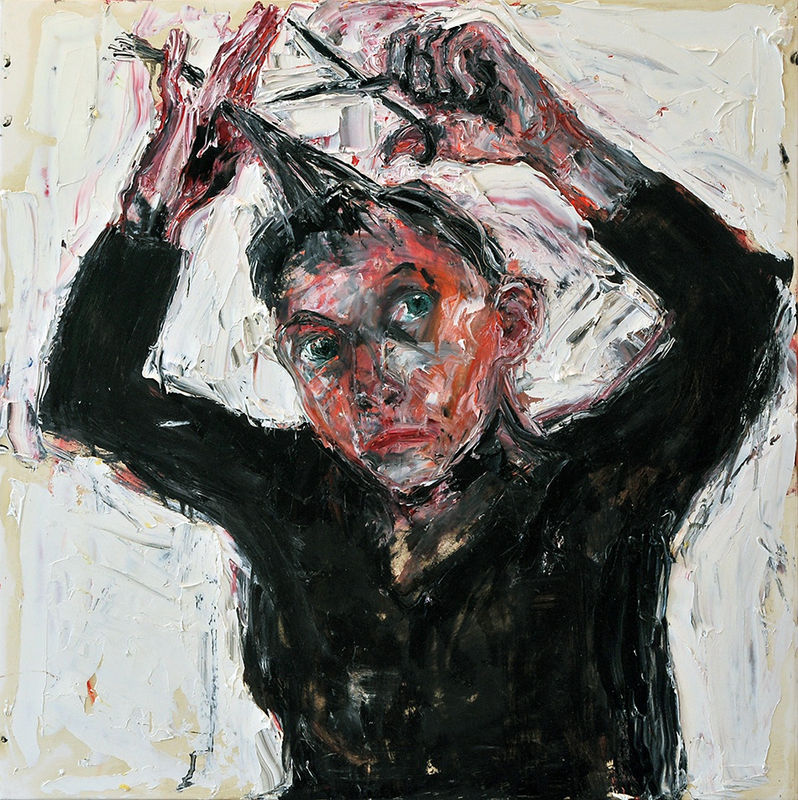 Shani Rhys James, Cutting My Hair, 2017, oil on gesso on board, 24 1/8 x 24 1/8 in, 61 x 61 cm