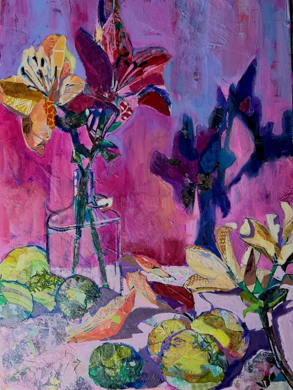 Buy art artwork local highland scottish landscape seascape collage oil painting dingwall scotland katherine sutherland stillness in pieces textured art painting Lemons limes and lillies lilies