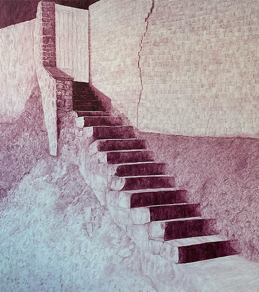 Rosa verk av Maria Hall föreställande en trappa