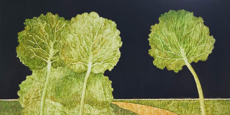 oljemålning av gröna trädd och mörk bakgrund