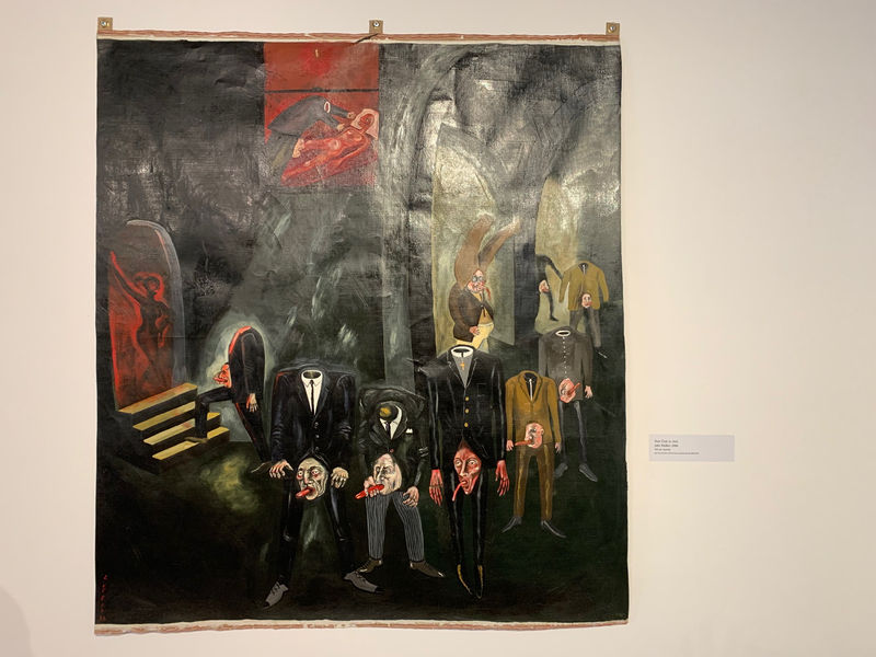 Installation shot of Sue Coe's painting "John Walker" at the Pennsylvania Academy of Fine Arts