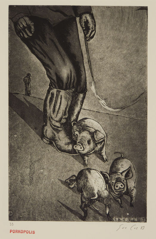 Etching by Sue Coe showing baby pigs standing next to a farmer's legs