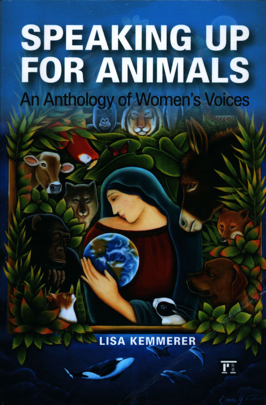 Cover of the book Speaking Up for Aimals features a woman hugging an animal amidst a garden