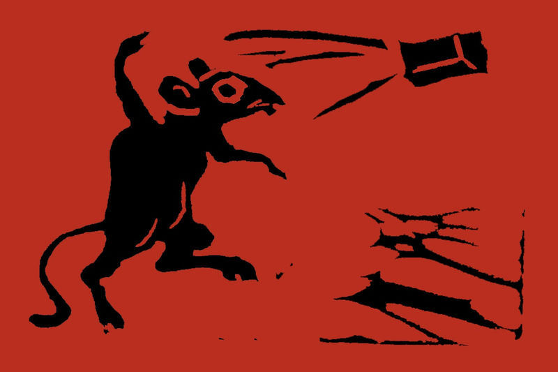 Picture of Ignatz from comic strip crazy cat, which shows a mouse throwing a brick. This is a common stamp that can be found on Coe prints