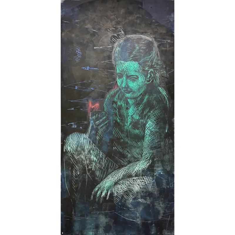 Idun Baltzersen, ”Rød finger”, 2024, Painted woodcut relief, assemblage, 245x122 cm