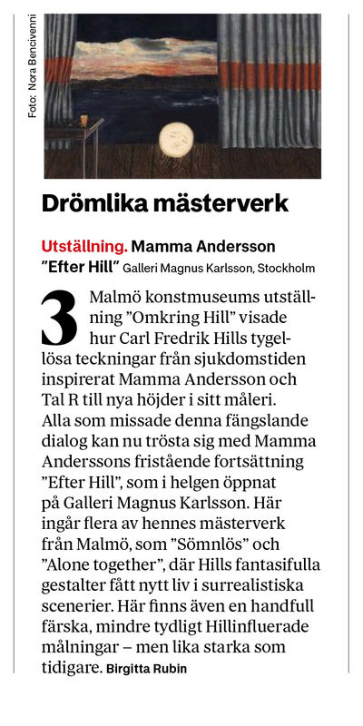 Critic’s picks, Mamma Andersson, Birgitta Rubin, Dagens Nyheter, March 17, 2024
