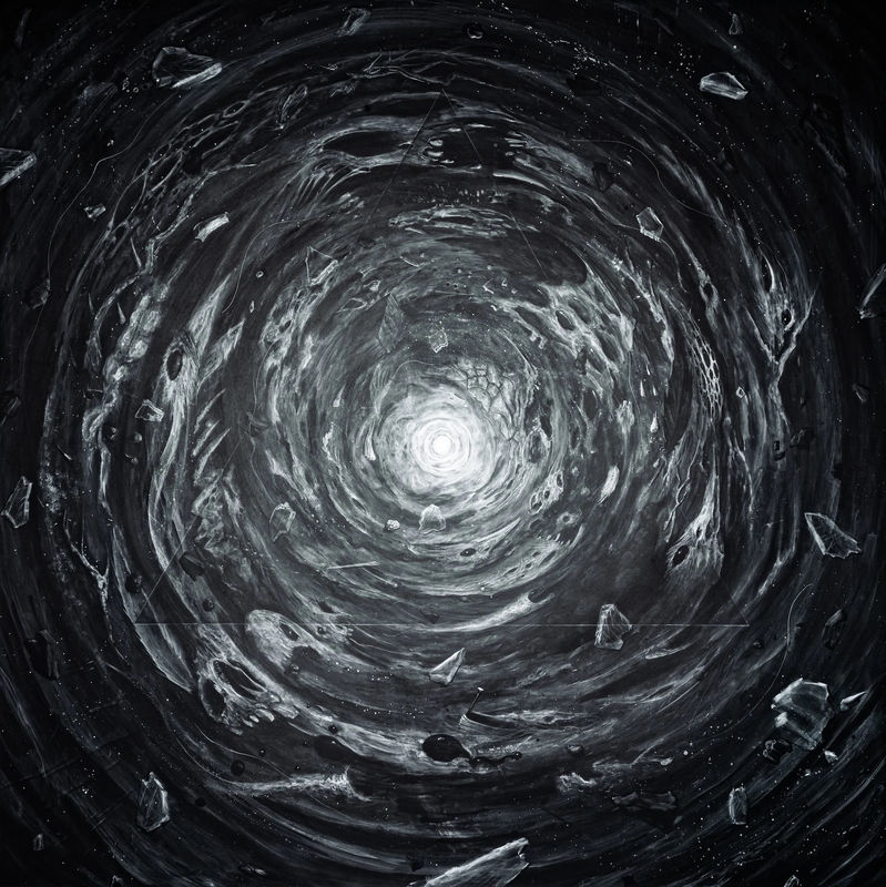 Acrylic painting by Catharses depicting an abstract black and white scene of a maelstrom.