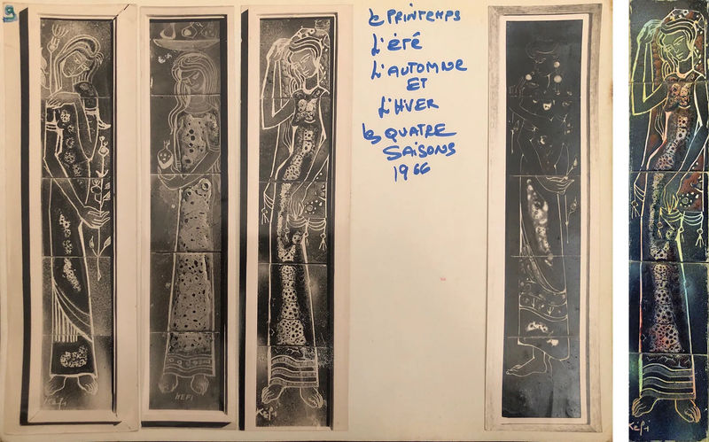 Left: Among Fela Kefi Leroux’s artworks selected to be presented during the festival, two ceramic panels, second and fourth one starting from left, from the Four Seasons series (1966) (image courtesy the artist Fela Kefi Leroux); Right: Ceramic tile panel by Fela Kefi Leroux, Autumn, from the Four Seasons series (1966) (photo by Jessica Gerschultz)