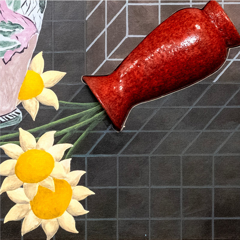 Detail, Madonna on the sill, 2025, acrylic and glazed ceramic on panel in artist-made frame, 38 x 48 in. (96.5 x 121.9 cm)