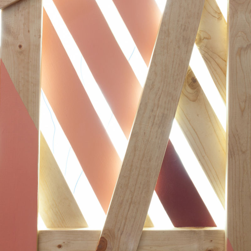 Detail, Guido Ignatti, Cuatro, 2016, enamel on wood with fluorescent bulbs, 72 x 44 in. (182.9 x 111.8 cm)