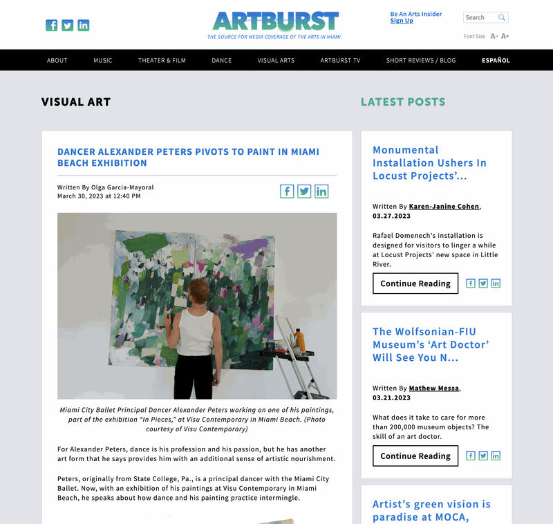 DANCER ALEXANDER PETERS PIVOTS TO PAINT IN MIAMI BEACH EXHIBITION