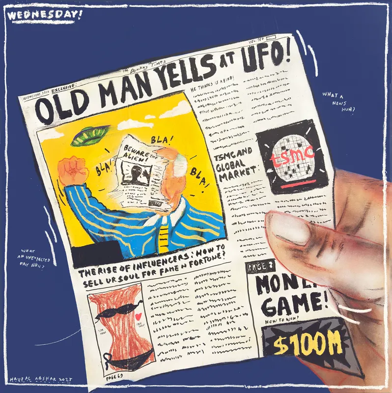 AN260307｜納法爾・阿布沙爾｜Wednesday - Old Man Yells at UFO｜2025｜100 × 100 cm 2025｜複合媒材、畫布