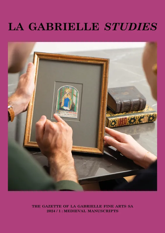 Cover of a book featuring a framed illumination from a Book of Hours with illuminated manuscripts on the table.