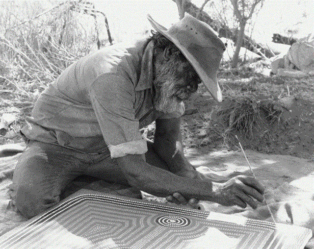 Portrait of Mick Namarari Tjapaltjarri, by Professor JVS Megaw. Source: Flinders University Art Museum Collection.
