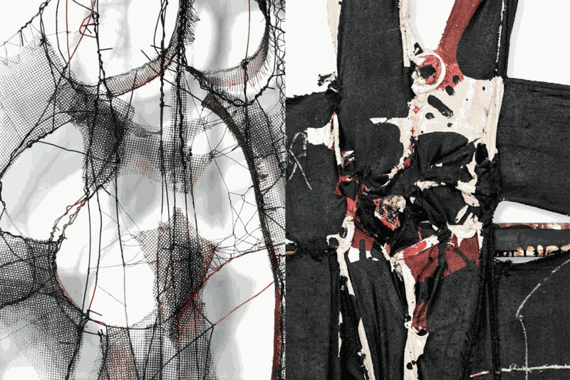 Detail of "Metamorfosis", 1959 by Manuel Rivera [left]; detail of "Cuadro 186" by Manolo Millares [right]