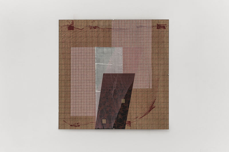 Decoration (Modern Weaving), 2023. Aluminium foil, UV print, clip frame, wood panel, colour pencil, sandpaper, nylon mesh, silkscreen print, tape, 40 × 40 cm