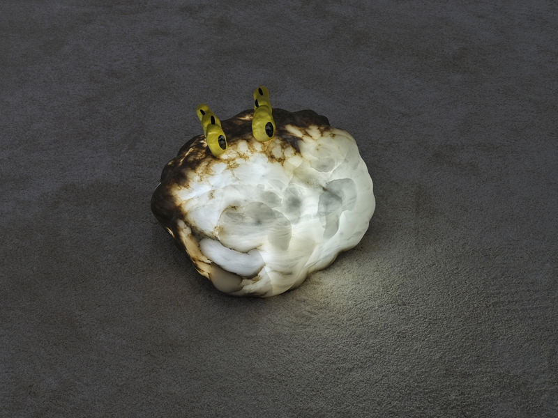Backfire, 2023, alabaster, polymer clay, spray paint, LED, 35 x 42 x 45 cm
