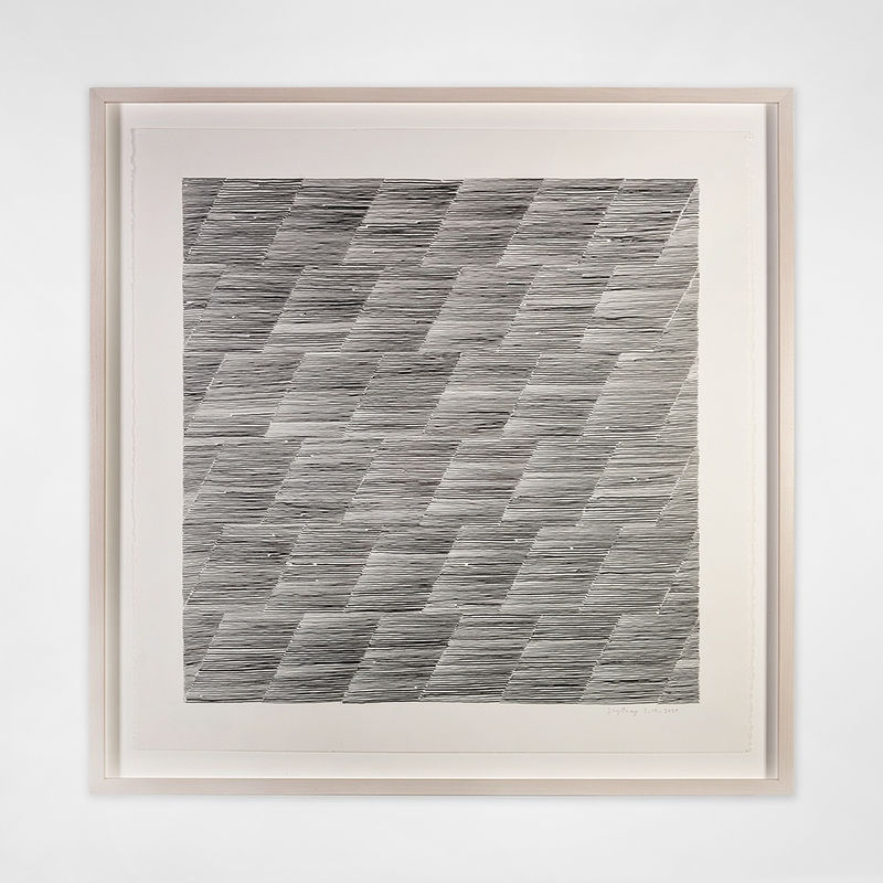 Square minimalist drawing comprising horizontal lines segmented into a grid-like structure in a light frame
