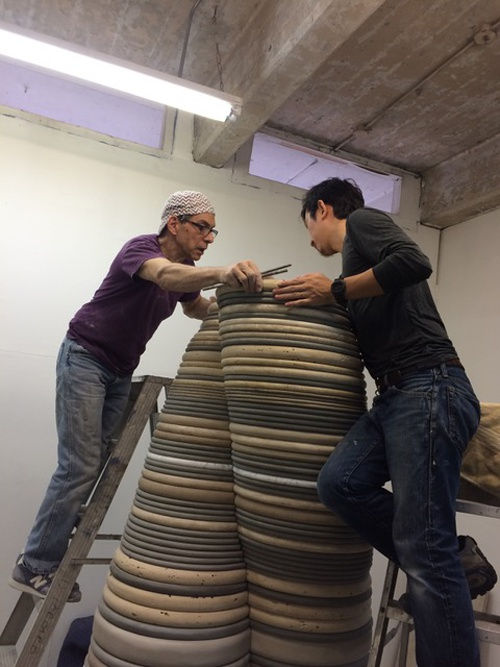 Don Porcaro assembling All Of Us (2017) at his NYC studio with assistant Ryoto Sato