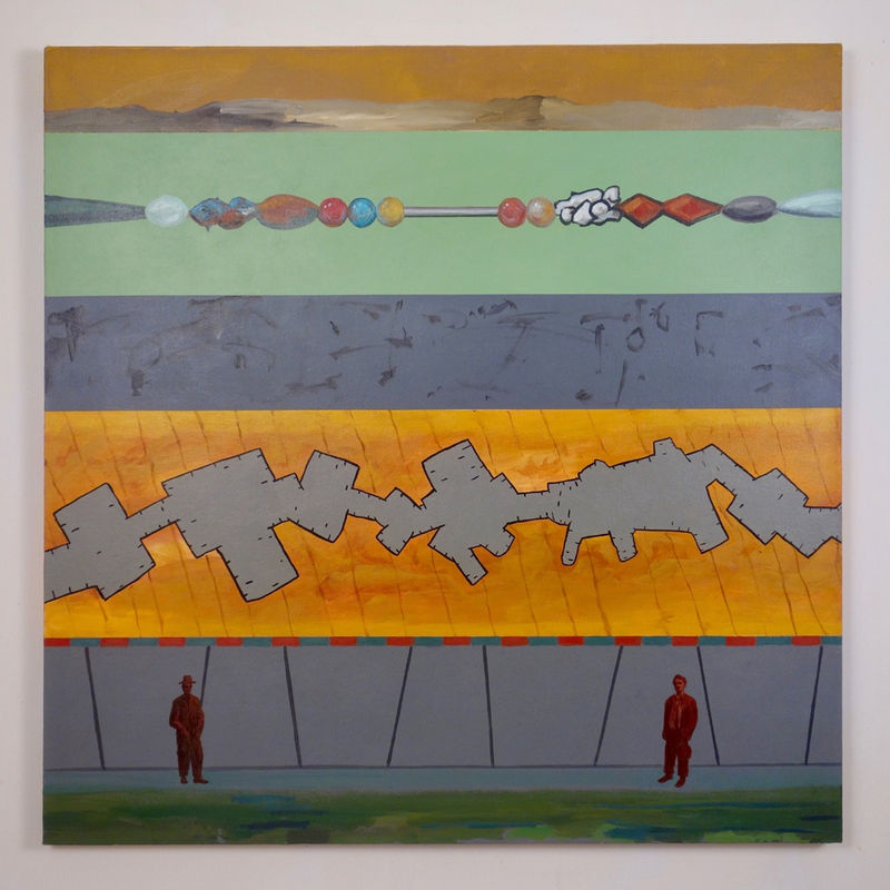 Painting on canvas of layers of vignettes (green, gray, orange), with small-size people performing various activities