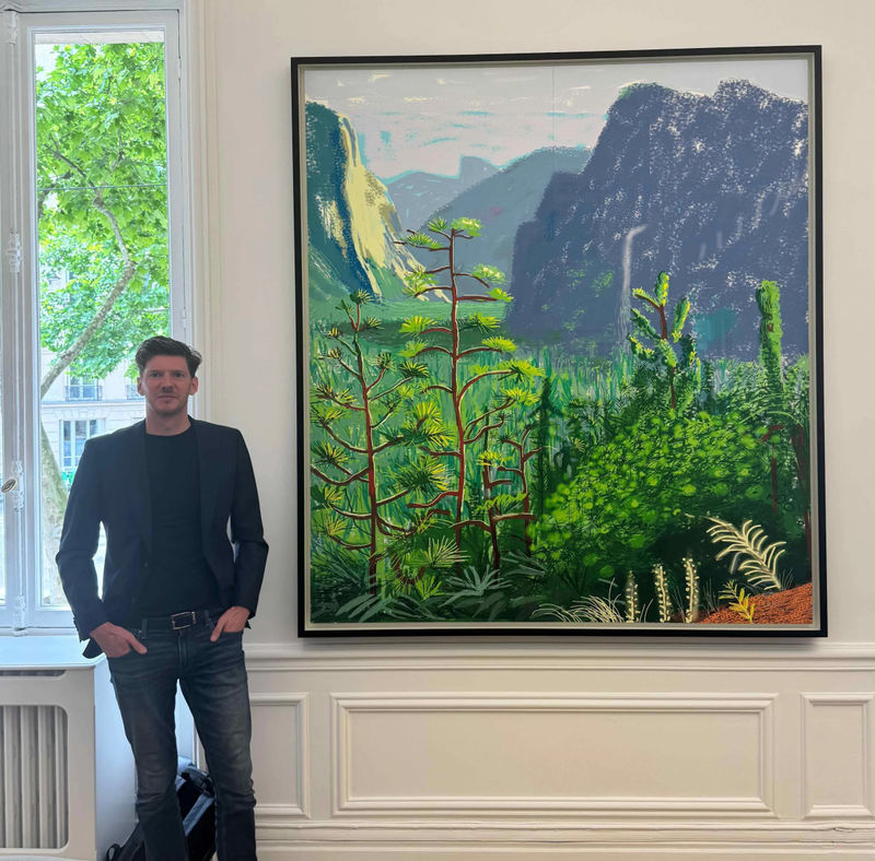 Jacob Harmer (Geist, Managing Director) with David Hockney's Yosemite I Oct 16, iPad Drawing on dibond